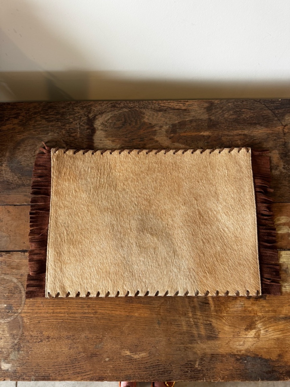 NEW Leather Cow Hide Placemat with Fringe - Tan and Brown